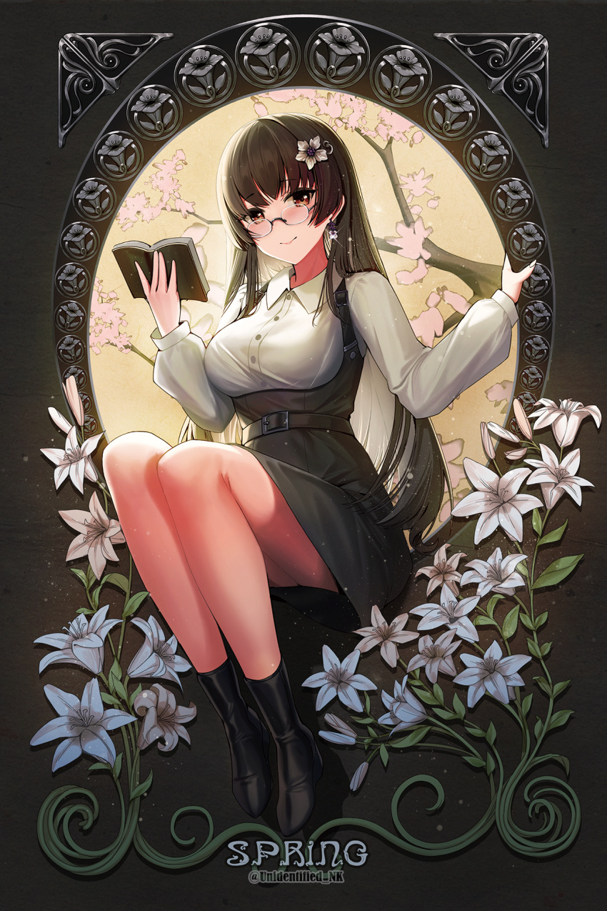 1girl artist_name bangs belt belt_buckle black_belt black_dress black_footwear blush book boots branch breasts brown_eyes brown_hair buckle buttons cherry_blossoms choukai_(kancolle) closed_mouth collared_shirt commentary_request dress earrings flower flower_earrings full_body glasses glint hair_flower hair_ornament hands_up high_heel_boots high_heels highres holding holding_book jewelry kantai_collection long_hair long_sleeves looking_at_viewer medium_breasts open_book pinafore_dress shirt sidelocks sitting sleeveless sleeveless_dress solo spring_(season) twitter_username unidentified_nk very_long_hair white_flower white_shirt wing_collar