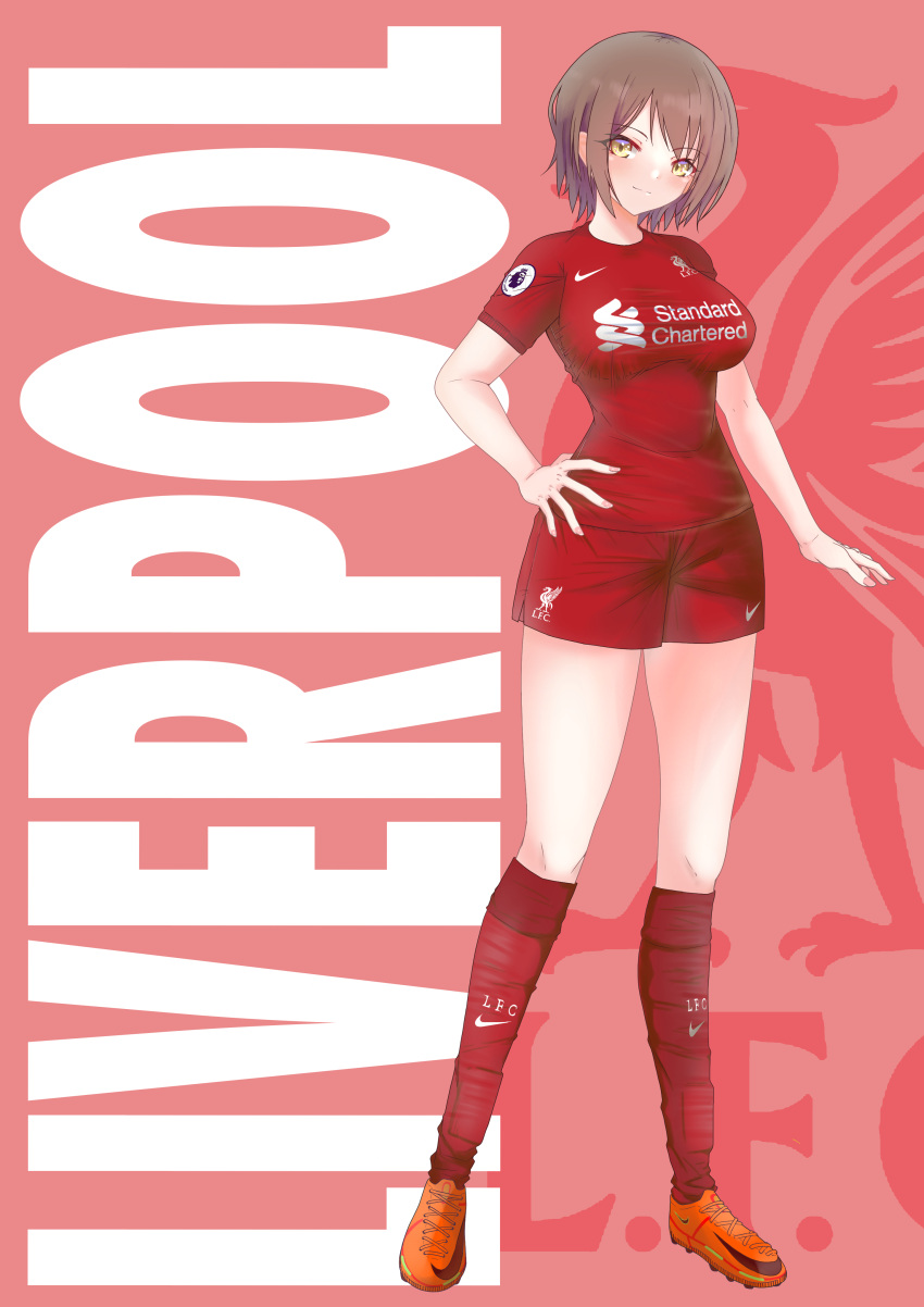 1girl absurdres breasts brown_eyes brown_hair hachimitsu_shitate highres large_breasts liverpool_fc original pink_background premier_league red_background soccer soccer_uniform solo sportswear title two-tone_background
