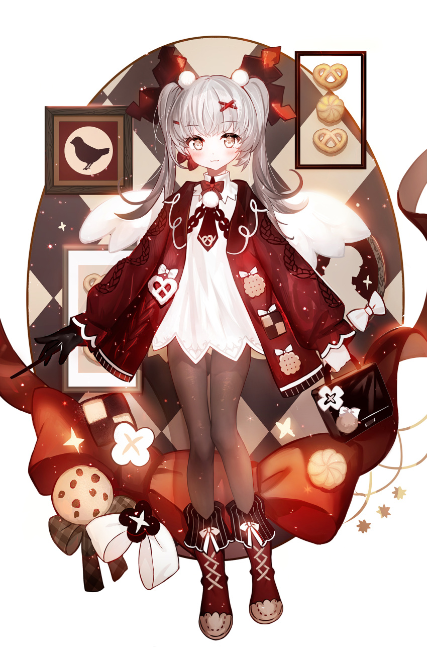 1girl argyle argyle_background bag bangs black_gloves blush boots brown_eyes brown_pantyhose closed_mouth commentary_request cookie dress food full_body gloves grey_hair hair_ornament hairclip handbag highres holding holding_bag jacket juexing_(moemoe3345) long_hair long_sleeves looking_at_viewer open_clothes open_jacket original pantyhose pretzel puffy_long_sleeves puffy_sleeves red_footwear red_jacket single_glove sleeves_past_wrists smile solo standing twintails white_background white_dress x_hair_ornament