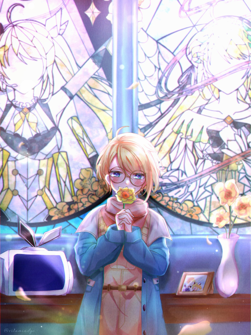 1girl bangs blue_eyes blue_jacket covered_mouth flower glasses highres holding holding_flower indy_(vitamindyc) jacket nijisanji nijisanji_id official_alternate_costume orange_overalls overalls photo_(object) red_sweater round_eyewear short_hair solo stained_glass sweater vase virtual_youtuber yellow_flower zea_cornelia