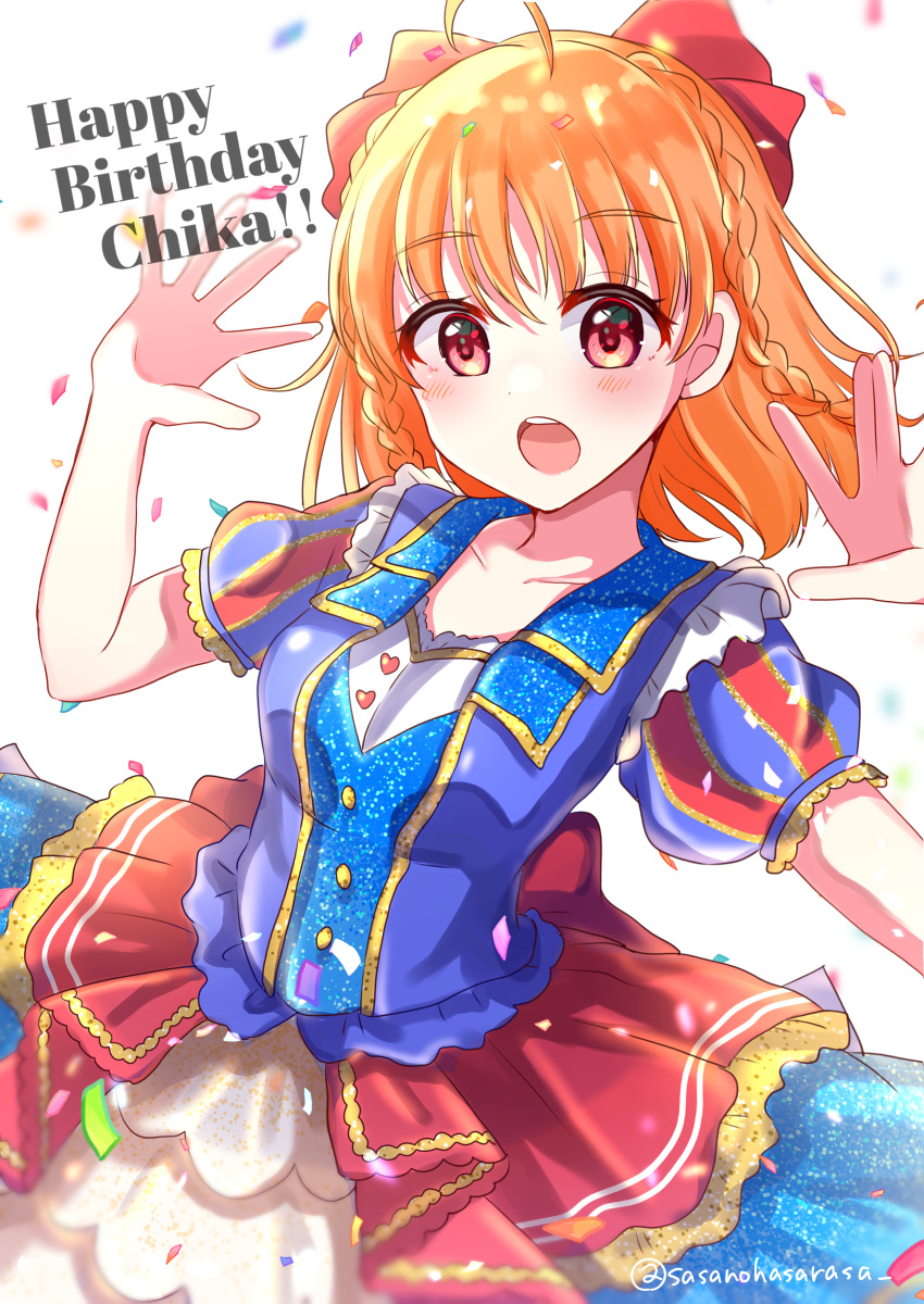 1girl absurdres bangs birthday blush braid breasts character_name collarbone confetti english_text hair_ribbon happy_birthday highres looking_at_viewer love_live! love_live!_sunshine!! orange_hair red_eyes ribbon sasanohasarasa short_hair short_sleeves side_braid small_breasts takami_chika twitter_username upper_body white_background