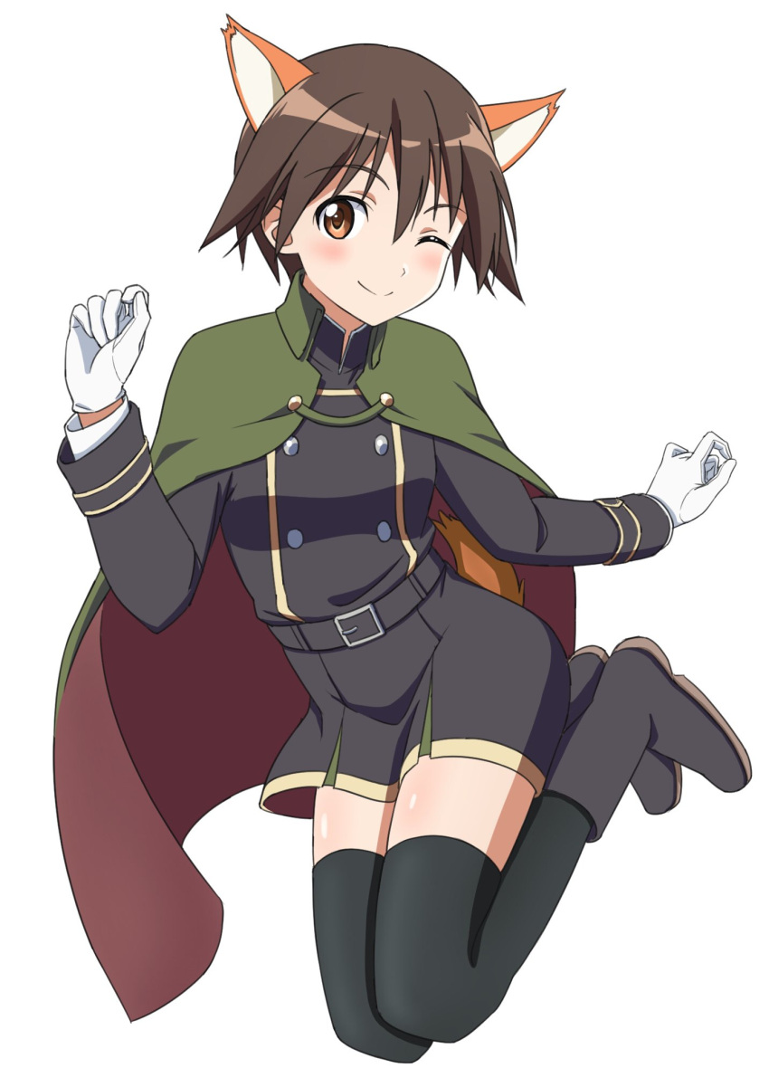 1girl alternate_costume black_thighhighs blush brown_eyes brown_hair cape closed_mouth eyebrows_hidden_by_hair full_body gloves green_cape highres kanata_mako looking_at_viewer military military_uniform miyafuji_yoshika one_eye_closed shiny shiny_hair short_hair simple_background smile solo strike_witches thigh-highs uniform white_background white_gloves world_witches_series