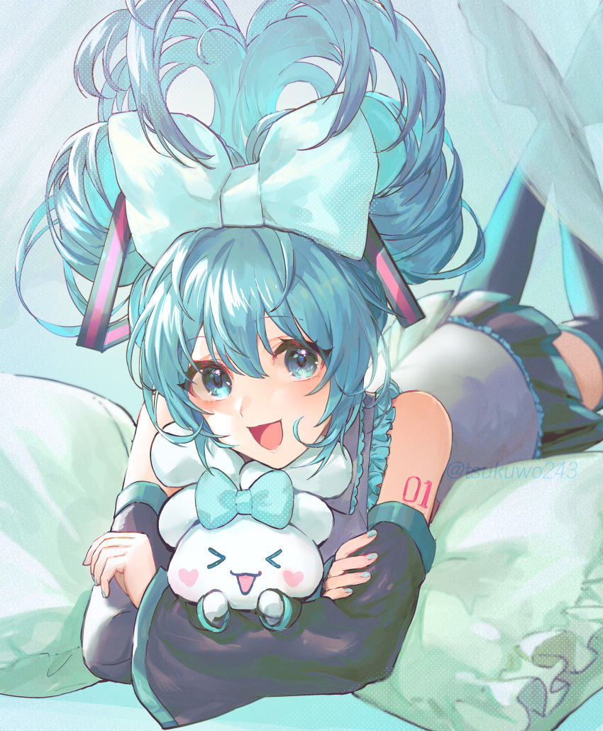 1girl :d absurdres bangs black_skirt black_sleeves blue_bow blue_eyes blue_hair bow cinnamiku cinnamoroll collared_shirt commentary_request crossed_legs crossover detached_sleeves frilled_pillow frilled_shirt frilled_shirt_collar frills grey_shirt hair_between_eyes hair_bow hatsune_miku highres juukyuuhyaku_(tsukuwo243) legs_up long_sleeves looking_at_viewer lying no_shoes on_stomach pillow pleated_skirt sanrio shirt skirt sleeveless sleeveless_shirt smile thigh-highs twitter_username updo vocaloid wide_sleeves