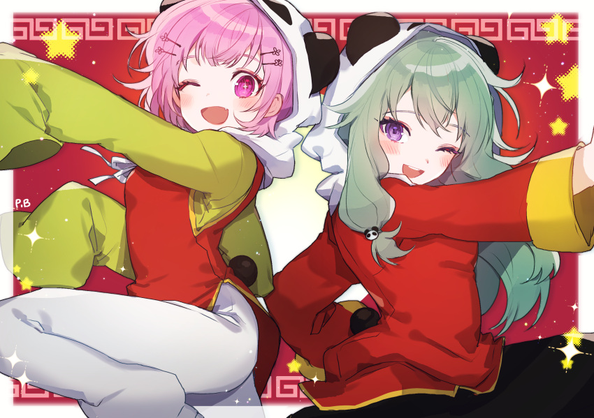 2girls :d ;d animal_ears animal_hood bangs blush bob_cut chinese_clothes commentary cosplay fake_animal_ears fake_tail fang green_hair green_shirt gumi gumi_(cosplay) hair_flaps hair_ornament hairclip highres hood kagamine_rin kagamine_rin_(cosplay) kusanagi_nene long_hair looking_at_viewer multiple_girls neck_ribbon one_eye_closed ootori_emu open_mouth panda_ears panda_hair_ornament panda_hood panda_tail panprika pants pink_eyes pink_hair pose project_sekai red_shirt red_vest ribbon shirt short_hair sleeves_past_wrists smile tail vest violet_eyes vocaloid white_pants white_ribbon yi_er_fan_club_(vocaloid)