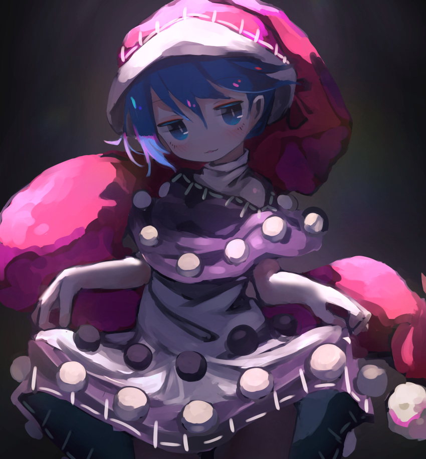 1girl bangs black_background black_capelet blue_eyes blue_hair capelet chii_(tsumami_tsumamare) closed_mouth clothes_lift cowboy_shot doremy_sweet dress dress_lift duplicate hat highres lifted_by_self looking_at_viewer nightcap pixel-perfect_duplicate pom_pom_(clothes) red_headwear shade short_hair simple_background solo standing touhou white_dress