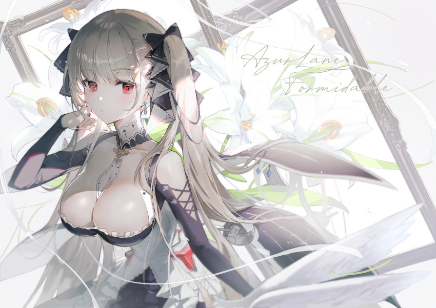 1girl arm_up azur_lane bangs bare_shoulders between_breasts black_bow black_dress black_nails black_ribbon blunt_bangs blush bow breasts character_name closed_mouth clothing_cutout collarbone commentary copyright_name cross-laced_sleeves detached_collar dress earrings eyelashes fingernails flower formidable_(azur_lane) frilled_dress frills gothic_lolita grey_hair hair_bow hair_ribbon highres jewelry large_breasts lily_(flower) lolita_fashion long_hair long_sleeves looking_at_viewer nail_polish necktie necktie_between_breasts red_eyes ribbon shoulder_cutout sidelocks solo soyoong_jun square_neckline twintails two-tone_dress two-tone_ribbon upper_body very_long_hair white_dress white_flower white_necktie window