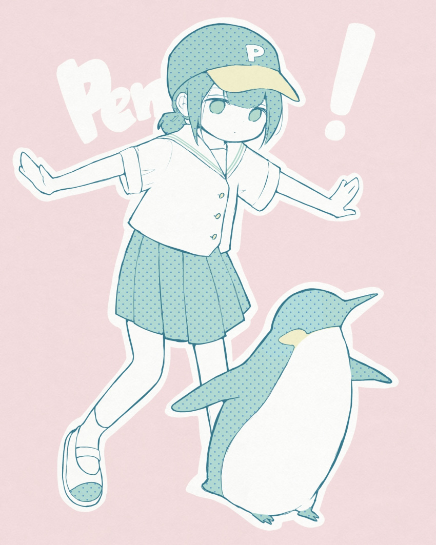 ! 1girl animal awayawa_pic bangs baseball_cap bird dot_mouth expressionless hat highres low_ponytail mary_janes monochrome original outstretched_arms penguin ponytail school_uniform serafuku shoes short_ponytail short_sleeves socks solo