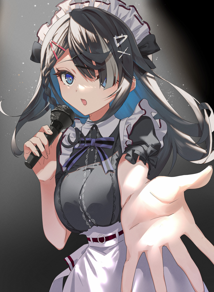 1girl absurdres apron bangs black_dress black_hair blue_eyes blue_hair braid breast_squeeze breasts buisen colored_inner_hair dress frills grey_hair hair_ornament hair_over_one_eye hairclip highres holding holding_microphone hoshikani lace-trimmed_dress lace_trim large_breasts long_hair looking_at_viewer maid maid_headdress microphone multicolored_hair music open_mouth outstretched_arm puffy_short_sleeves puffy_sleeves short_sleeves side_braid singing solo streaked_hair upper_body virtual_youtuber white_apron x_hair_ornament yashiki_ciel