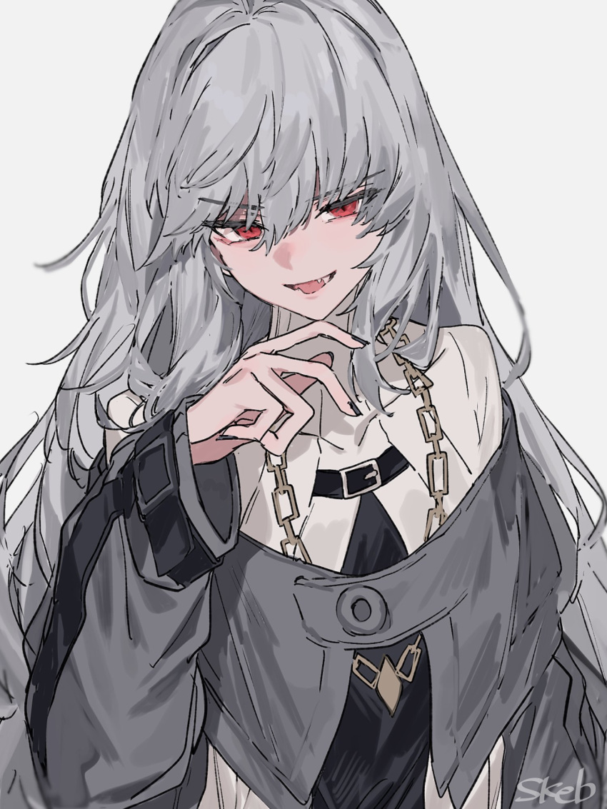 1girl :d aogisa arknights black_nails capelet commission fang grey_background grey_capelet grey_hair highres jewelry long_hair nail_polish necklace no_headwear red_eyes simple_background skeb_commission skin_fang smile solo specter_(arknights) upper_body v-shaped_eyebrows very_long_hair