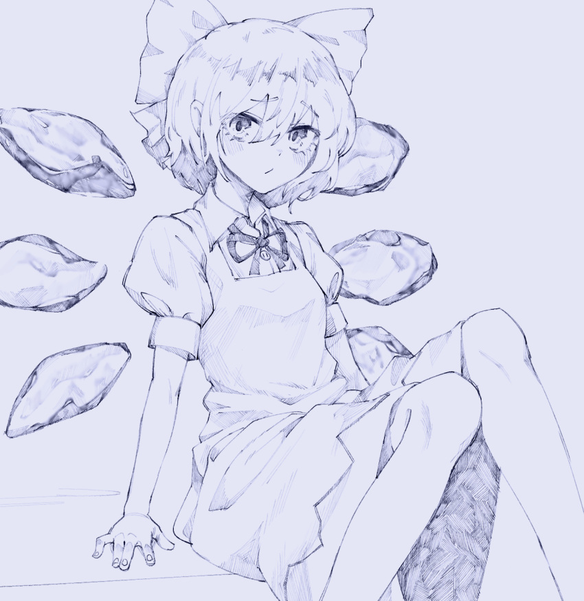 1641_(chfhrtor94) 1girl :/ bangs blue_theme blush bow cirno closed_mouth collared_shirt commentary dress feet_out_of_frame hair_between_eyes hair_bow highres ice ice_wings looking_at_viewer medium_hair monochrome neck_ribbon pinafore_dress puffy_short_sleeves puffy_sleeves raised_eyebrows ribbon shirt short_sleeves simple_background sitting solo touhou traditional_media white_shirt wings