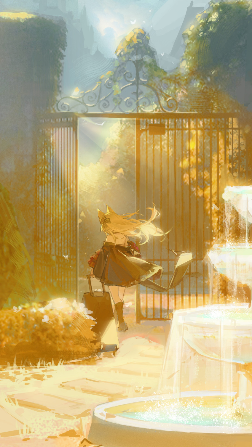 1girl absurdres animal_ears arknights bare_shoulders breeze_(arknights) brown_hair brown_jacket facing_away fountain fox_ears fox_girl from_behind gate highres jacket long_hair neriash off_shoulder open_clothes open_jacket outdoors scenery solo tree wide_shot