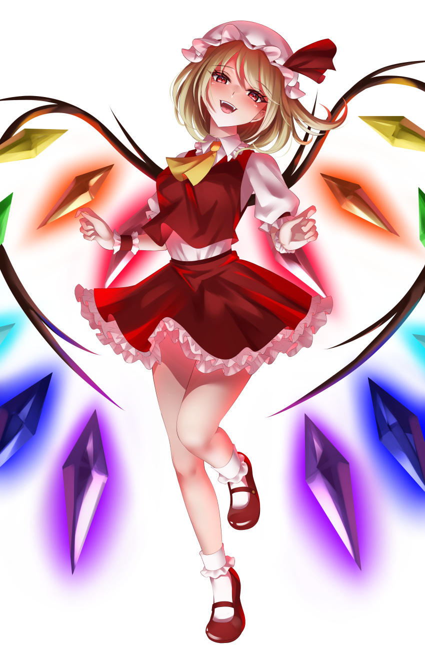 1girl absurdres ascot blonde_hair bobby_socks collared_shirt commentary_request crystal flandre_scarlet frilled_shirt_collar frilled_skirt frilled_sleeves frills full_body glowing glowing_wings hat hat_ribbon highres looking_at_viewer mary_janes medium_hair mob_cap moon multicolored_wings onikoroshi open_mouth puffy_short_sleeves puffy_sleeves red_eyes red_footwear red_moon red_ribbon red_skirt red_vest ribbon shirt shoes short_sleeves simple_background skirt socks solo teeth touhou upper_teeth vest white_background white_headwear white_shirt white_socks wings wrist_cuffs yellow_ascot