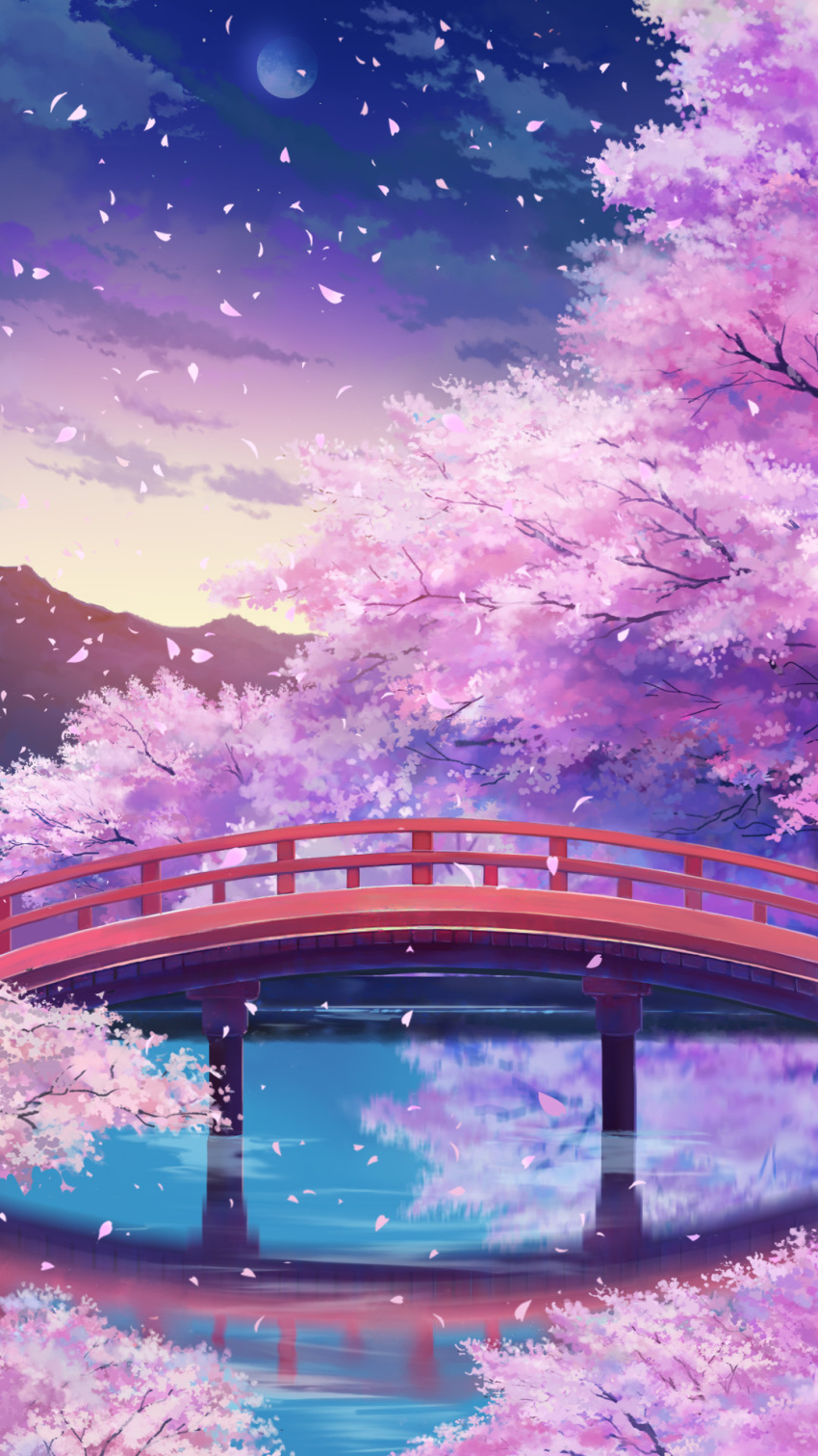 arch_bridge architecture branch bridge cherry_blossoms clouds commentary_request east_asian_architecture evening falling_petals full_body highres inuyasha moon mountain no_humans outdoors petals reflection reflective_water scenery sky sunset tree water xi_chen_chen