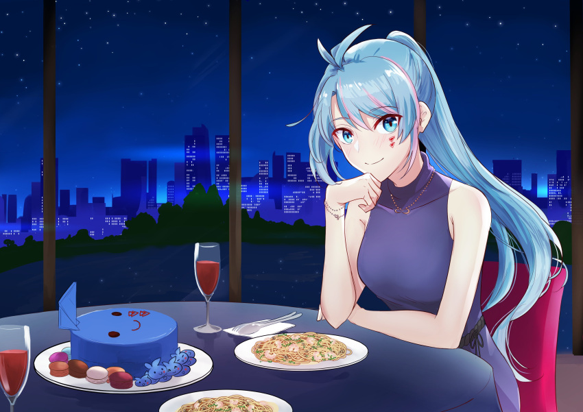 1girl absurdres azura_cecillia blue_eyes blue_hair bracelet cake champagne_flute collarbone cup dress drinking_glass english_commentary food grey_sweater hair_behind_ear highres izha_(seisfleur) jewelry leaning_forward long_hair looking_at_viewer multicolored_hair necklace nijisanji nijisanji_id pasta pink_hair ponytail sitting skyline sleeveless sleeveless_dress smile solo streaked_hair sweater virtual_youtuber window