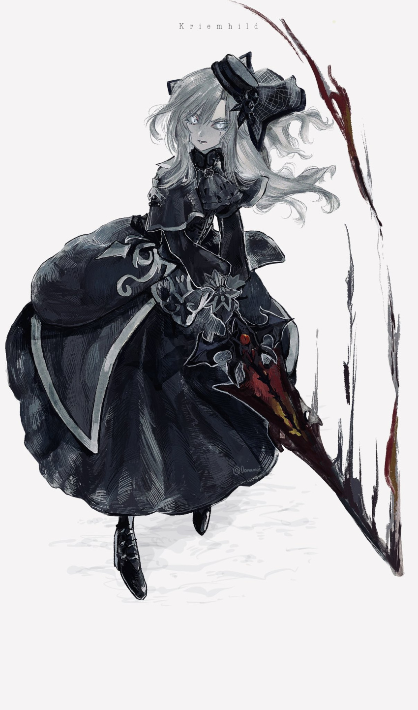0onamae 1girl aura black_capelet black_dress black_flower black_footwear black_gloves black_headwear capelet clenched_teeth colored_sclera dark_aura dress english_text fate/grand_order fate_(series) flower gloves grey_background grey_hair grey_sclera hair_between_eyes hat hat_flower highres holding holding_sword holding_weapon kriemhild_(fate) long_hair painterly parted_lips simple_background slit_pupils solo sword teeth weapon white_eyes