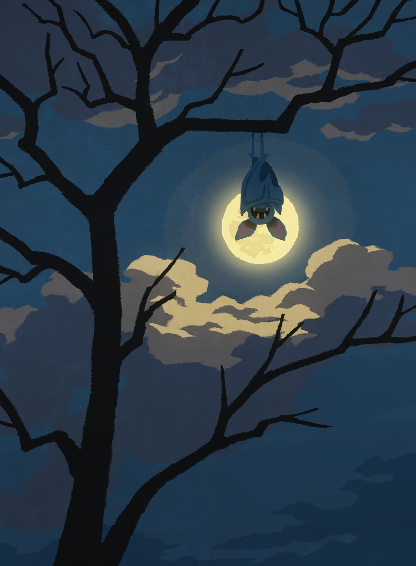 absurdres bare_tree clouds fangs full_moon highres hyogonosuke moon night no_humans open_mouth outdoors pokemon pokemon_(creature) sky solo tree upside-down zubat