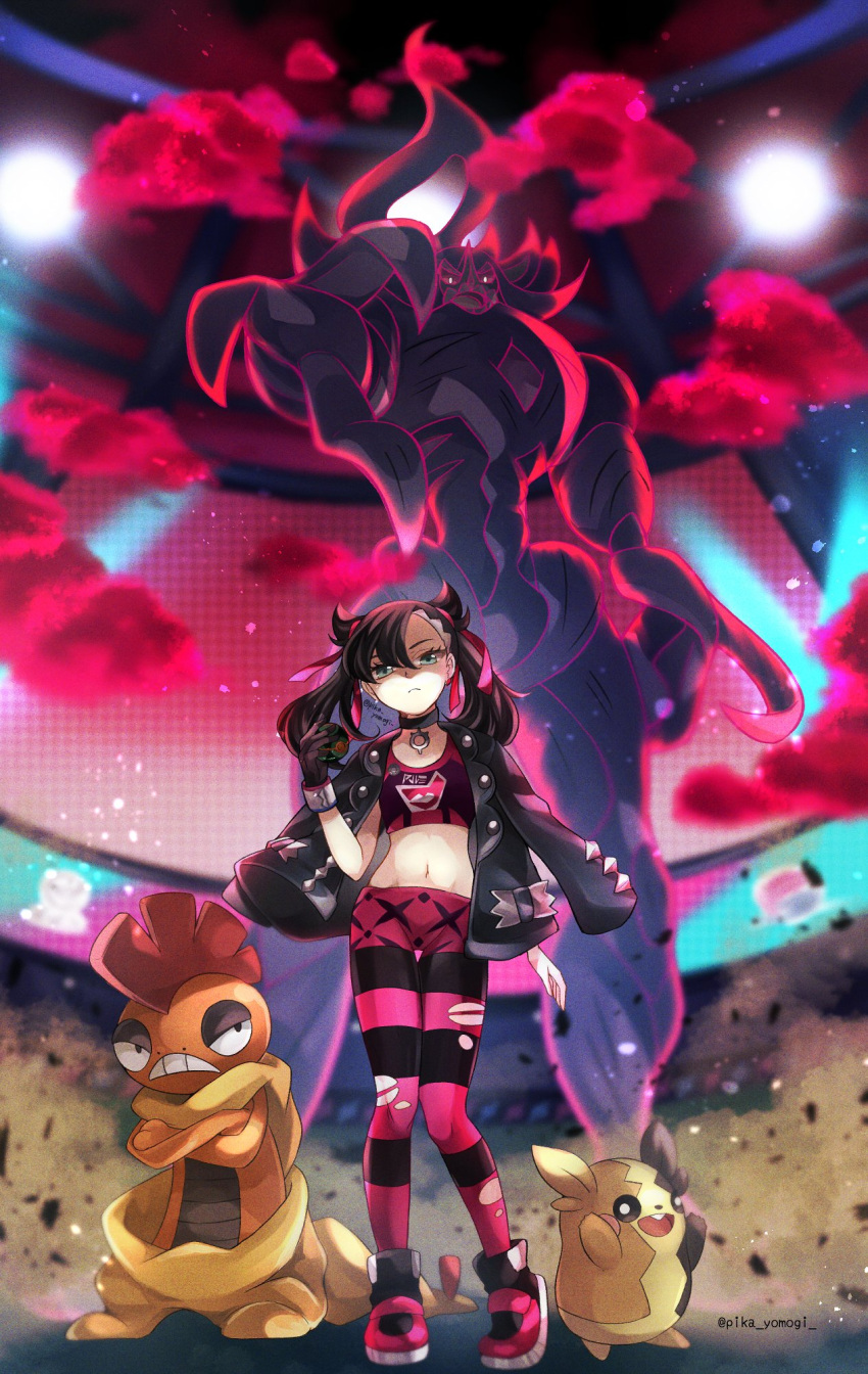 1girl black_choker black_gloves black_hair black_jacket choker closed_mouth dusk_ball dust_cloud dynamax_band ear_piercing full_body gigantamax gigantamax_grimmsnarl gloves green_eyes grimmsnarl hair_ribbon highres holding holding_poke_ball jacket jacket_on_shoulders looking_at_viewer marnie_(pokemon) morpeko morpeko_(full) navel pants pendant_choker piercing pink_ribbon poke_ball pokemon pokemon_(creature) pokemon_(game) pokemon_swsh ribbon rubble scrafty single_glove smoke sports_bra stadium taut_clothes thigh_gap torn_clothes torn_pants two_side_up yomogi_(black-elf)