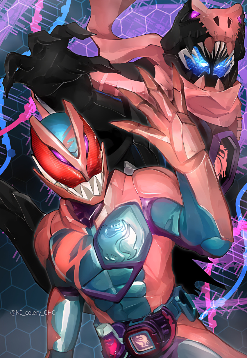 2boys absurdres black_gloves blue_eyes claws commentary compound_eyes dna driver_(kamen_rider) gloves hand_up highres honeycomb_(pattern) honeycomb_background kamen_rider kamen_rider_revi kamen_rider_revice kamen_rider_vice multiple_boys ni_celery_pk pink_gloves pink_scarf red_eyes revice_driver rex_genome scarf sharp_teeth teeth tokusatsu twitter_username tyrannosaurus_rex upper_body vistamp