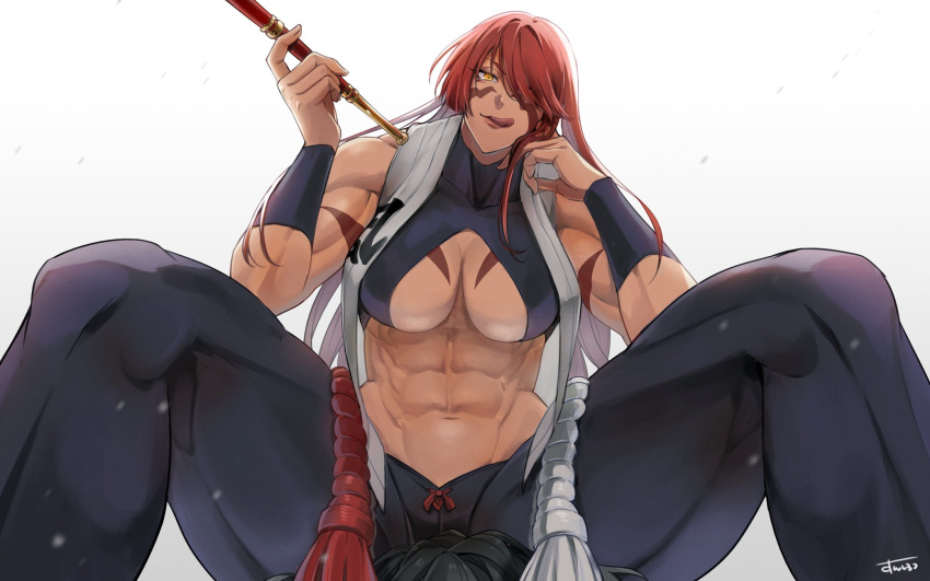 1girl abs body_markings breasts facial_mark fuuma_kotarou_(tenkaichi) hair_over_one_eye hand_on_own_chin highres holding holding_smoking_pipe licking_lips long_hair looking_at_viewer muscular muscular_female pants redhead revealing_clothes simple_background smoking_pipe solo spread_legs sunsirou tenkaichi_nihon_saikyou_bugeisha_ketteisen tight tight_pants tongue tongue_out white_background wristband yellow_eyes
