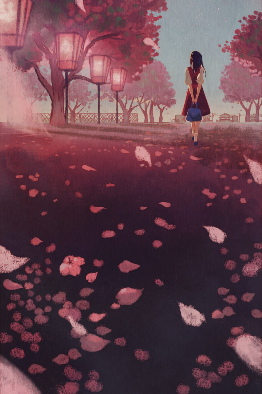 1girl bag black_footwear black_hair cherry_blossoms dress fence handbag harucoro25 highres lantern long_hair original outdoors petals red_dress socks tree walking