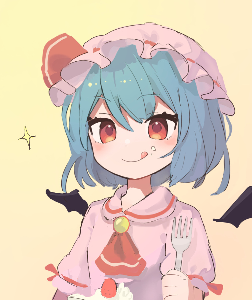 1girl :q ameshi_(rzuw4482) aqua_hair ascot bangs bat_wings blush breasts cake cake_slice cream cream_on_face detached_wings food food_on_face fork fruit gem gradient gradient_background hair_between_eyes hat hat_ribbon highres holding holding_fork looking_at_viewer mob_cap orange_background pink_headwear pink_shirt puffy_short_sleeves puffy_sleeves red_ascot red_eyes red_ribbon remilia_scarlet ribbon shirt short_hair short_sleeves small_breasts solo sparkle strawberry tongue tongue_out touhou wings