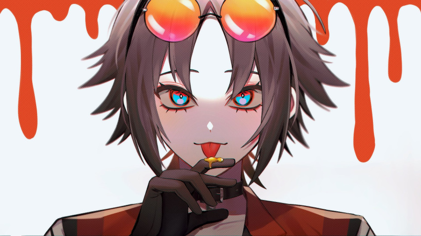 1boy bangs black_gloves black_headband blue_eyes brown_hair collar glasses gloves halftone hand_up headband highres liquid male_focus mysta_rias nijisanji nijisanji_en orange_eyewear portrait pure_(berrypure) round_eyewear short_hair simple_background solo tongue tongue_out virtual_youtuber