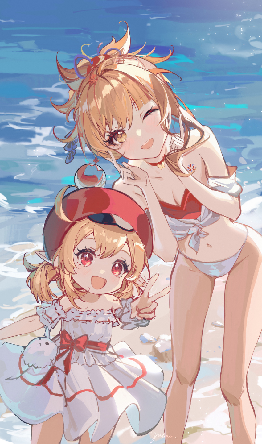 2girls absurdres ahoge bangs beach bikini blonde_hair brown_eyes cabbie_hat chest_tattoo chinese_commentary choker commentary_request dodoco_(genshin_impact) dress genshin_impact hair_between_eyes hat highres klee_(genshin_impact) low_ponytail multiple_girls ocean one_eye_closed open_mouth pointy_ears ponytail red_choker red_eyes red_headwear red_ribbon ribbon smile sundress swimsuit tattoo v water white_dress yoimiya_(genshin_impact) yutou_(yutou75)