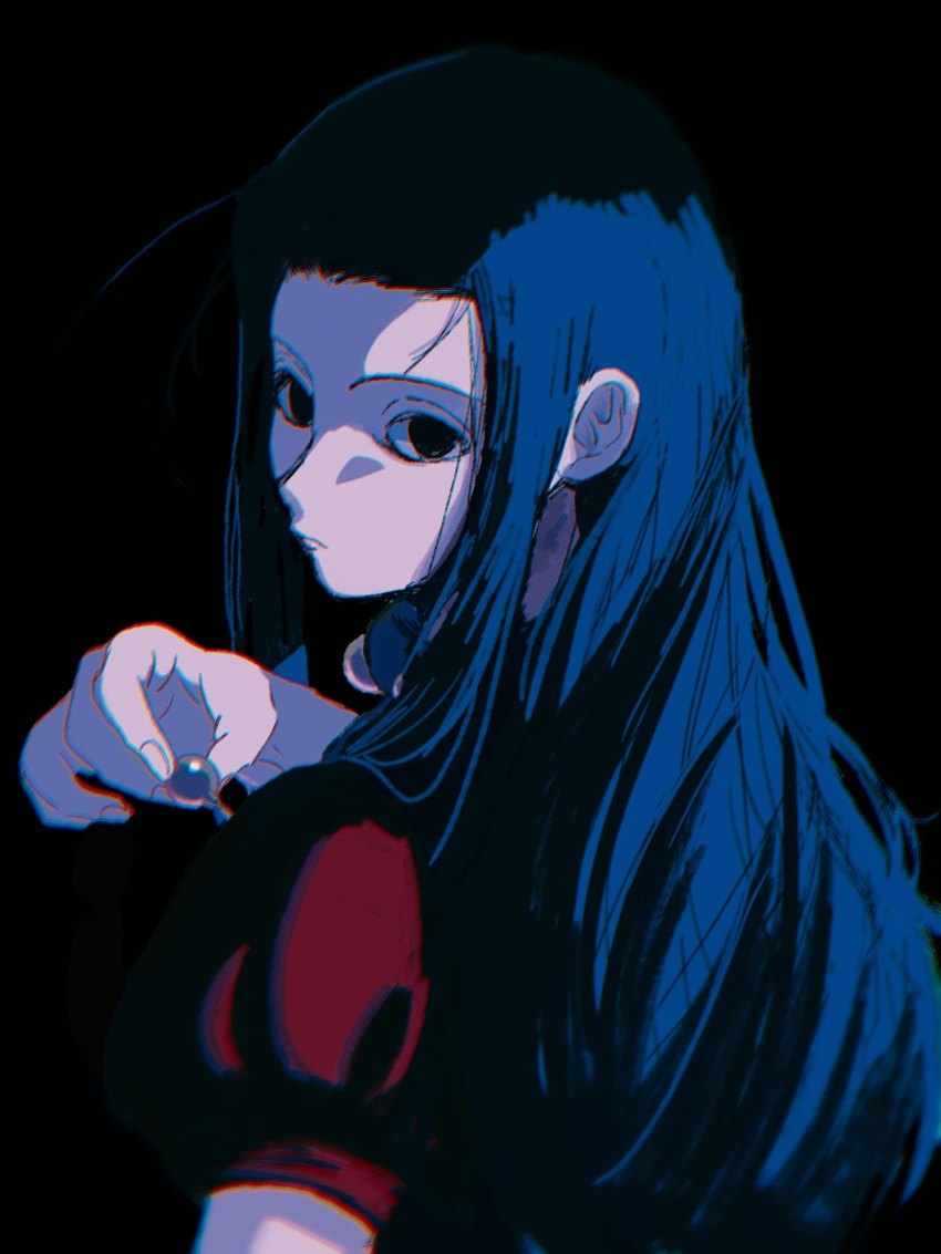 1boy black_background black_eyes black_hair closed_mouth dark empty_eyes expressionless hand_up highres holding holding_needle holding_weapon hunter_x_hunter illumi_zoldyck long_hair looking_at_viewer looking_back male_focus needle no_bangs shaded_face short_sleeves solo thicopoyo weapon