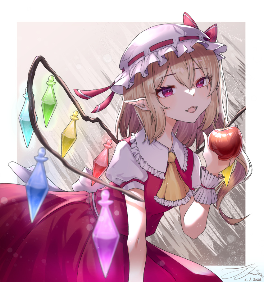 1girl absurdres apple ascot back_bow blonde_hair bow collared_shirt crystal dated fangs flandre_scarlet food frilled_ascot frilled_shirt_collar frills fruit glowing glowing_wings hair_between_eyes hat highres holding holding_food holding_fruit leaning_forward medium_hair mob_cap multicolored_wings open_mouth pointy_ears puffy_short_sleeves puffy_sleeves red_eyes red_ribbon red_skirt red_vest ribbon ribbon-trimmed_headwear ribbon_trim shirt short_sleeves side_ponytail signature simple_background skirt skirt_set solo touhou vest white_bow white_headwear white_shirt wings wrist_cuffs yellow_ascot zerotsu_0215