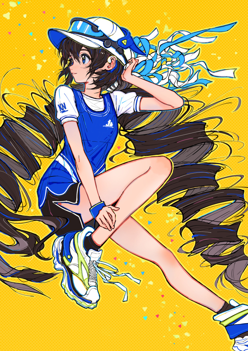 1girl absurdly_long_hair bare_legs black_shorts blue_eyes blue_shirt brown_hair commentary dolphin_shorts drill_hair english_commentary eyewear_on_headwear full_body highres jersey long_hair looking_to_the_side orange_background original parted_lips shirt shoes short_sleeves shorts smile sneakers solo twin_drills very_long_hair white_footwear white_headwear window1228