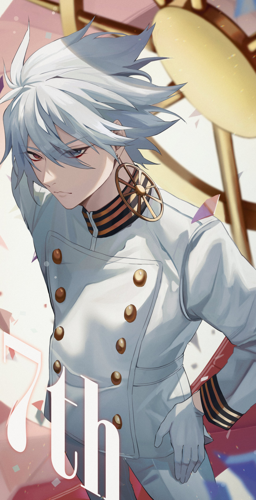 1boy absurdres alternate_eye_color background_text bangs bishounen blue_eyes closed_mouth commentary_request earrings expressionless eyes_visible_through_hair eyeshadow fate/extra fate/grand_order fate_(series) feet_out_of_frame gloves hair_between_eyes heterochromia highres jewelry karna_(fate) long_sleeves looking_at_viewer makeup male_focus multicolored_eyes official_alternate_costume pale_skin polearm red_eyes red_eyeshadow short_hair single_earring solo spear tune_oekk uniform vasavi_shakti_(fate) weapon white_gloves white_hair