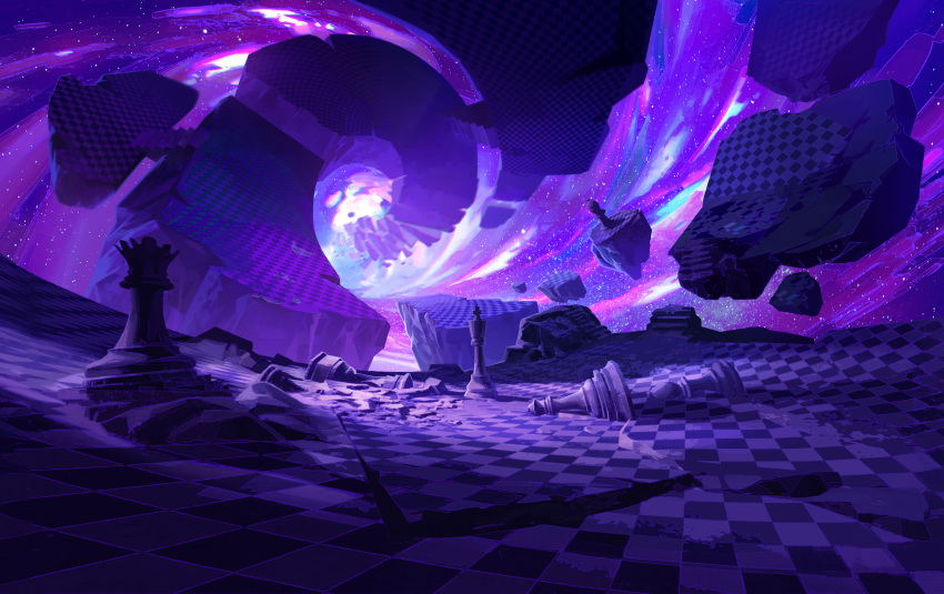 absurdres broken chess_piece chessboard clouds cloudy_sky colorful crack fantasy floating highres horizon kevin_gnutzmans league_of_legends no_humans outdoors rock scenery shards sky space star_(sky) star_guardian_(league_of_legends) starry_sky twisted