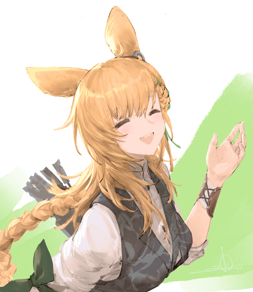 1girl :d animal_ears arknights bangs blonde_hair braid breasts closed_eyes facing_viewer green_background grey_vest hand_up highres io_(io_oekaki) kroos_(arknights) kroos_the_keen_glint_(arknights) large_breasts long_hair open_mouth quiver rabbit_ears shirt single_braid smile solo two-tone_background upper_body very_long_hair vest white_background white_shirt wrist_guards