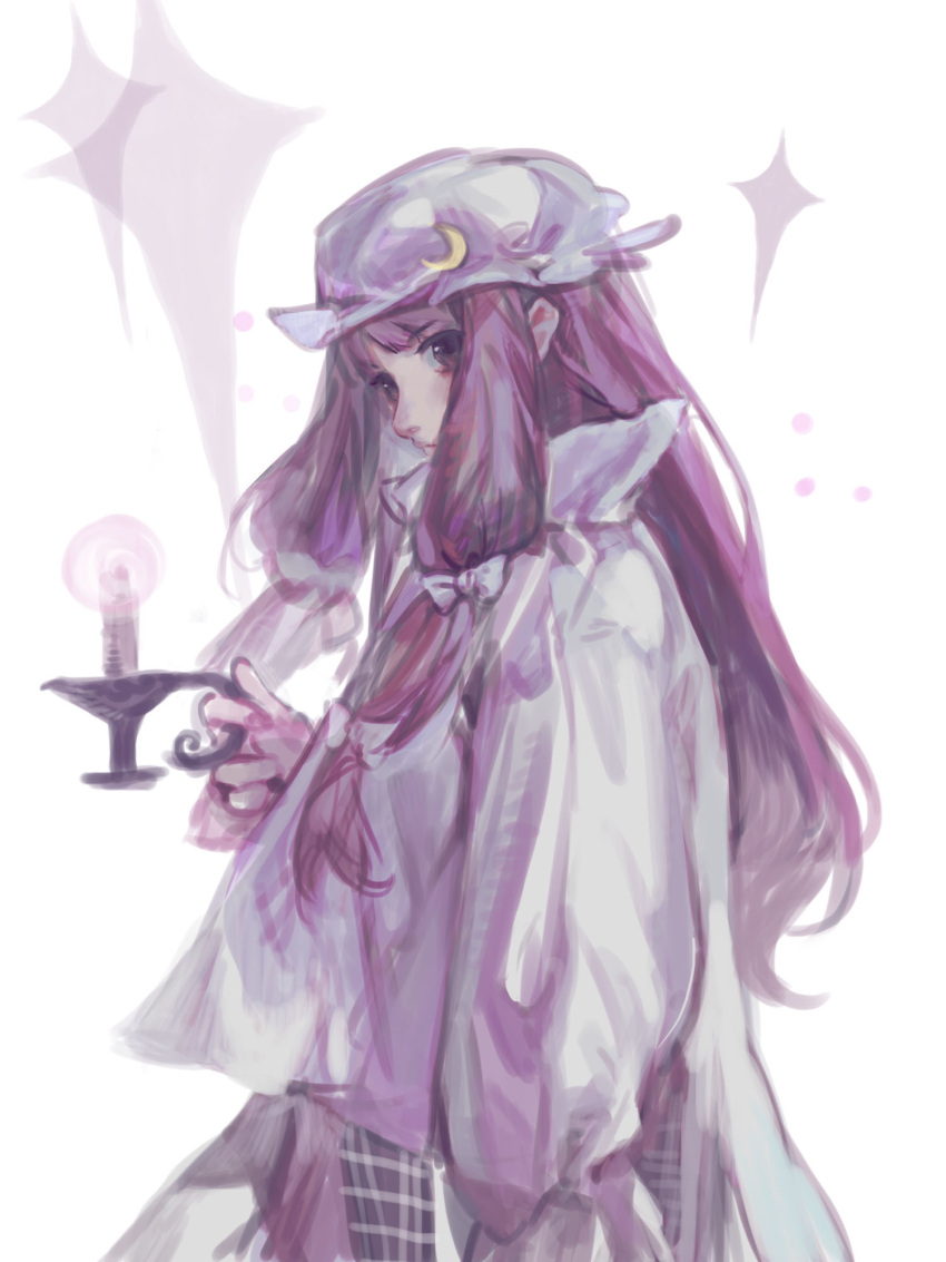 1girl bangs bow candle candlestand hair_bow hair_ornament highres holding long_hair long_sleeves looking_at_viewer nightgown pajamas patchouli_knowledge pribasket purple_hair simple_background solo touhou violet_eyes white_background