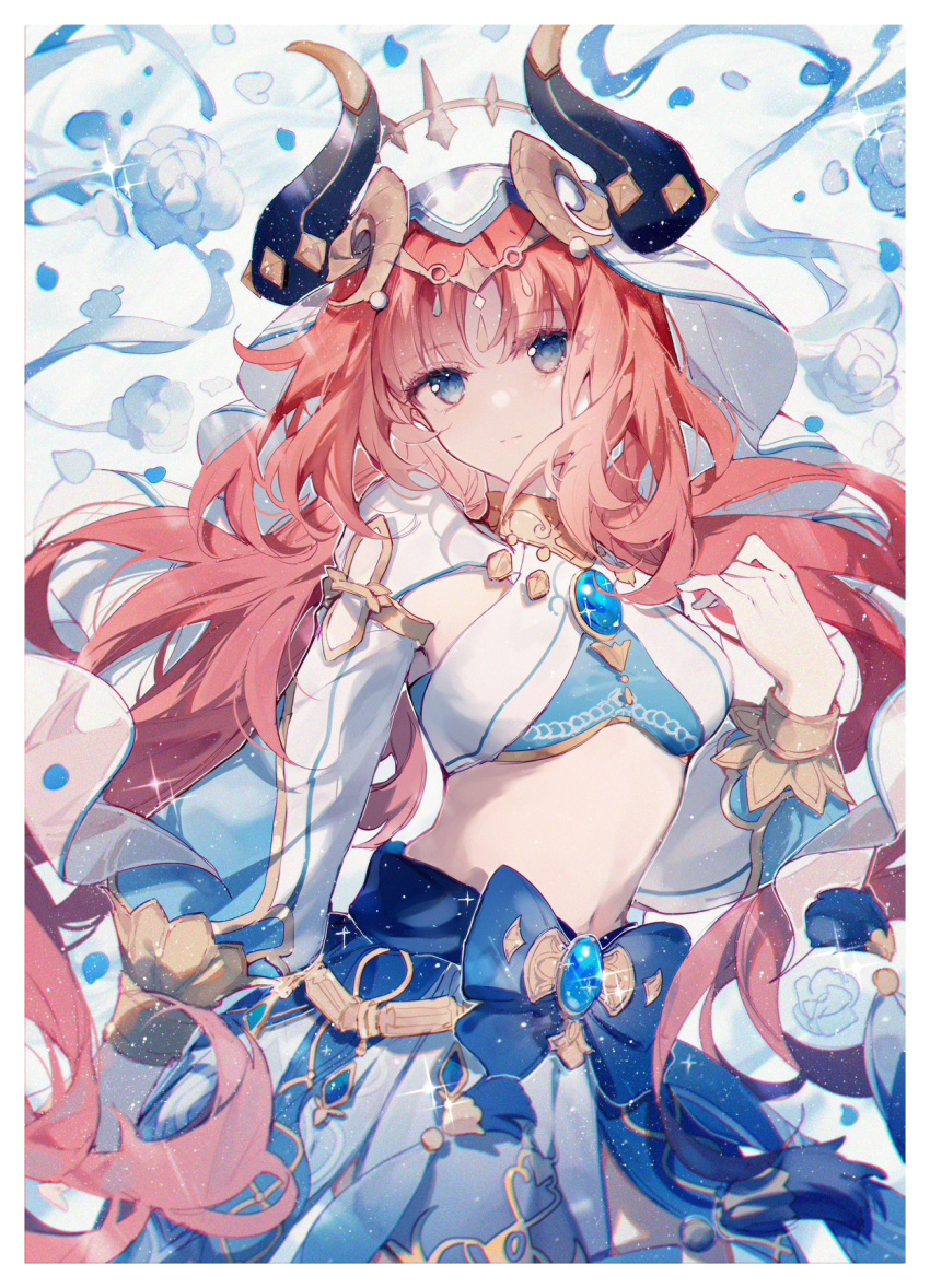 1girl blue_eyes breasts closed_mouth genshin_impact hand_up highres hood hood_up horns long_hair long_sleeves looking_at_viewer midriff navel nilou_(genshin_impact) qianqianjie redhead small_breasts solo traditional_clothes