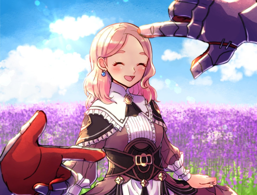 1girl 1other armor blonde_hair blush breasts closed_eyes closed_mouth earrings fire_emblem fire_emblem:_three_houses fire_emblem_warriors:_three_hopes gloves gogatsu_(yeaholiday) jewelry large_breasts long_hair long_sleeves looking_at_viewer mercedes_von_martritz open_mouth shez_(fire_emblem) smile