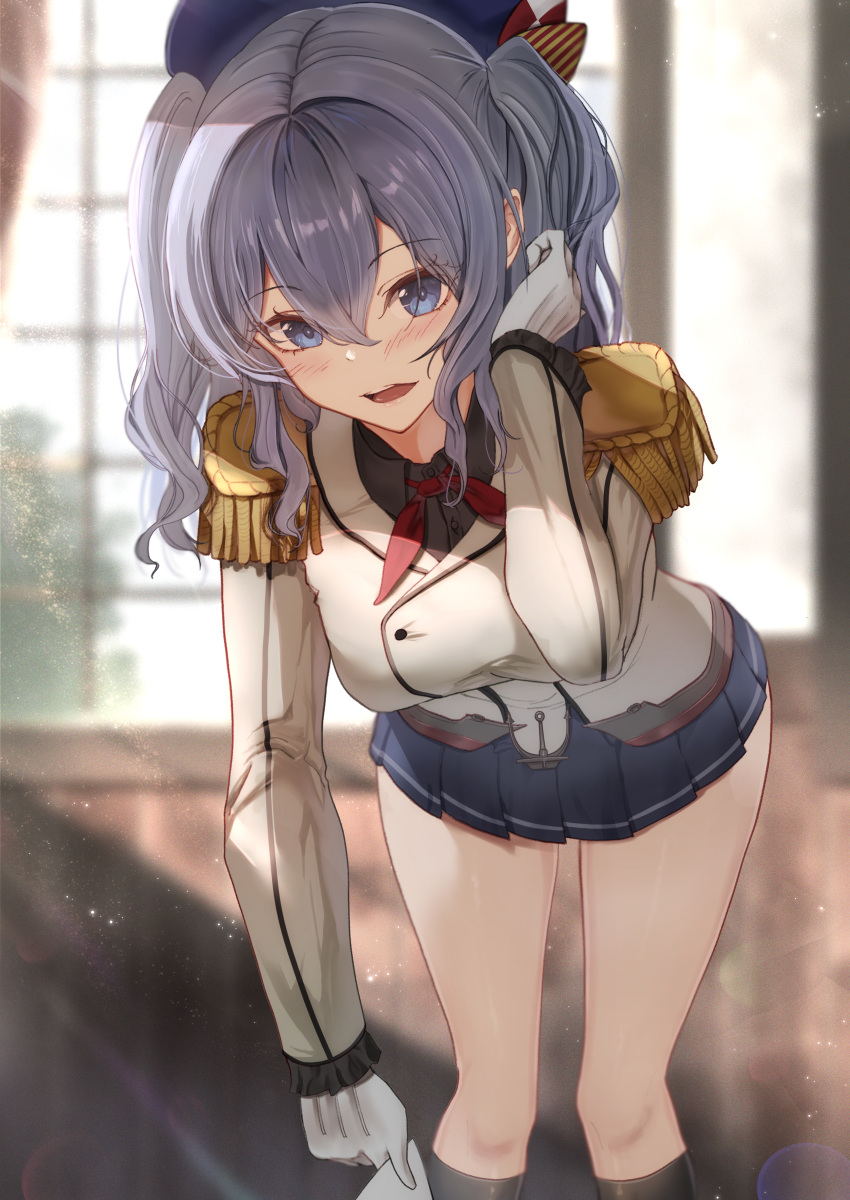 1girl absurdres black_skirt black_socks blue_eyes blurry blurry_background commentary_request epaulettes feet_out_of_frame gloves grey_hair highres jacket kantai_collection kashima_(kancolle) long_hair long_sleeves looking_at_viewer military military_jacket military_uniform neckerchief pleated_skirt red_neckerchief sidelocks skirt socks solo standing taki_rentaro twintails uniform wavy_hair white_gloves white_jacket window