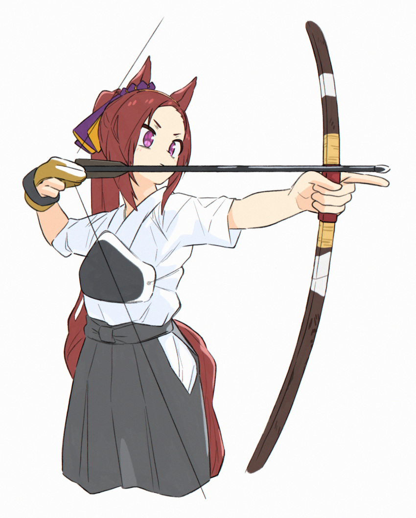 1girl absurdres animal_ears appleq archery arrow_(projectile) bow_(weapon) brown_hair commentary_request drawing_bow facing_away from_side gloves grey_hakama hakama hakama_skirt highres hip_vent holding holding_bow_(weapon) holding_weapon horse_ears horse_girl horse_tail japanese_clothes kyuudou long_hair muneate partially_fingerless_gloves sakura_bakushin_o_(umamusume) short_sleeves simple_background single_glove skirt solo tail umamusume violet_eyes weapon white_background yugake