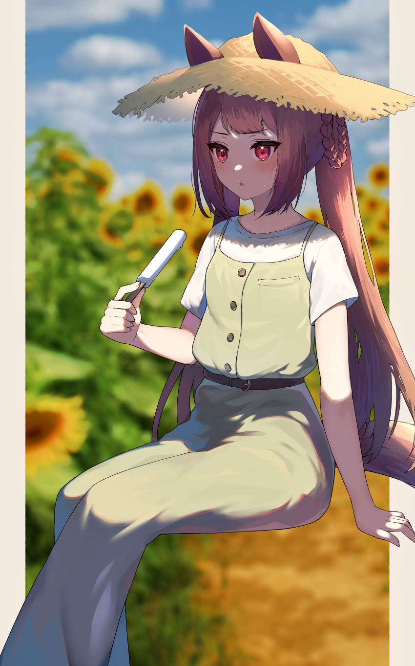1girl :o absurdres animal_ears bangs belt blurry blurry_background blush buttons dress ears_through_headwear feet_out_of_frame food green_dress hair_rings hat highres holding holding_food horse_ears horse_girl horse_tail invisible_chair long_hair pearlscale0818 popsicle red_eyes shirt short_sleeves sitting solo straw_hat sweep_tosho_(umamusume) tail twintails umamusume white_shirt