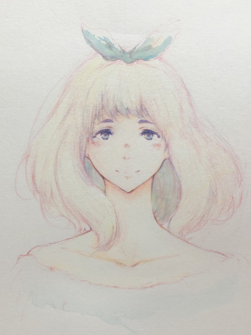 1girl bangs bare_shoulders blonde_hair blush closed_mouth collarbone green_eyes green_ribbon hair_ribbon hibike!_euphonium highres long_hair looking_at_viewer painting_(medium) ribbon shirt shishi101982 smile solo traditional_media watercolor_(medium) white_shirt yoshikawa_yuuko