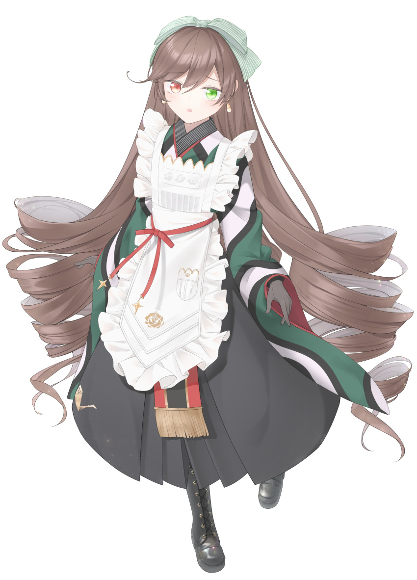 1girl :o absurdres apron bangs black_dress black_footwear boots bow brown_hair clothing_request cross dress dress_bow drill_hair earrings frilled_apron frills gloves green_bow green_eyes green_kimono grey_gloves hair_between_eyes hair_bow heterochromia highres ise_dango japanese_clothes jewelry kimono light_blush light_particles long_hair looking_at_viewer parted_lips pocket red_bow red_eyes rozen_maiden simple_background solo standing standing_on_one_leg striped striped_bow suiseiseki twintails very_long_hair white_apron white_background