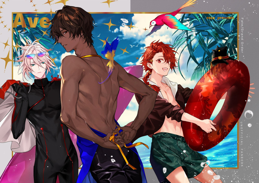 3boys alexander_(fate) alternate_hairstyle apron arjuna_(fate) bangs bird black_bodysuit black_hair black_jacket black_pants black_skin bodysuit braid closed_mouth clouds cloudy_sky colored_skin commentary_request dress eyeshadow fate/grand_order fate_(series) feet_out_of_frame futaba_hazuki glasses green_eyes green_male_swimwear hair_between_eyes highres holding holding_innertube innertube jacket karna_(fate) long_hair looking_at_viewer looking_back makeup male_focus male_swimwear multiple_boys nearly_naked_apron off-shoulder_dress off_shoulder open_mouth pants ponytail red_eyes red_eyeshadow redhead short_hair single_braid sky smile surfboard swim_trunks swimsuit water white_hair