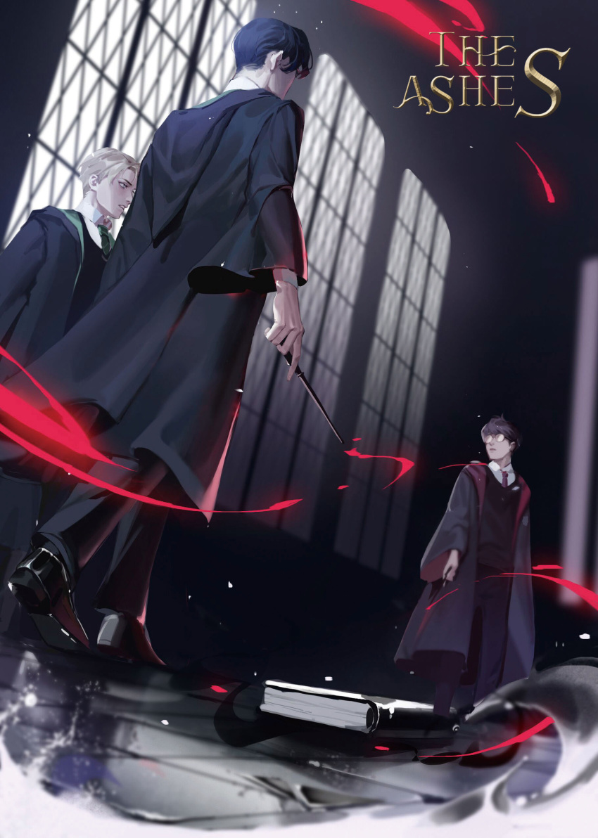 3boys absurdres arms_at_sides black_coat black_footwear black_hair black_pants blonde_hair book brown_hair coat draco_malfoy dutch_angle fighting_stance from_below glasses green_necktie gryffindor harry_potter_(series) harry_potter_and_the_chamber_of_secrets highres hogwarts_school_uniform holding holding_wand hood hood_down hooded_coat indoors long_sleeves looking_at_another looking_away looking_to_the_side magic male_focus meerajebt multiple_boys necktie night night_sky open_clothes open_coat pants red_necktie school_uniform shoe_soles shoes short_hair sky slytherin standing tile_floor tiles tom_marvolo_riddle walking wand wide_sleeves window
