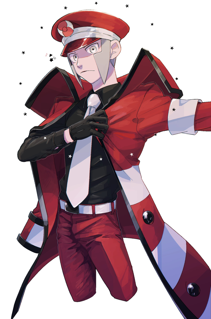 1boy akamtvahosi alternate_color belt belt_buckle black_gloves black_shirt buckle buttons coat collared_shirt commentary_request gloves grey_eyes grey_hair hat high_collar highres ingo_(pokemon) long_sideburns male_focus necktie open_clothes open_coat pants peaked_cap pokemon pokemon_(game) pokemon_masters_ex red_coat red_headwear red_pants shirt short_hair sideburns solo striped_coat trench_coat white_background white_belt white_necktie