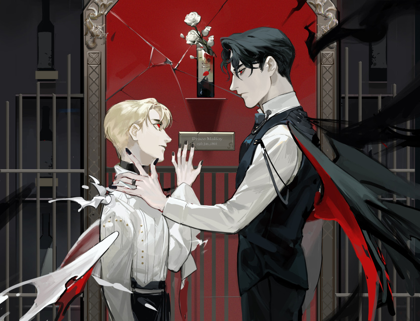 2boys absurdres alcohol bat_wings black_hair black_nails black_necktie black_pants black_vest black_wings blood bottle broken_bottle character_name collared_shirt draco_malfoy eye_contact fence flower from_side hand_up harry_potter_(series) head_tilt height_difference highres jewelry long_sleeves looking_at_another looking_away looking_down looking_up male_focus meerajebt mirror multiple_boys necktie outstretched_arm pants profile puffy_long_sleeves puffy_sleeves red_eyes ring rose shirt tom_marvolo_riddle torn_wings two-tone_wings upper_body vampire vest white_flower white_rose white_shirt white_wings wine wings