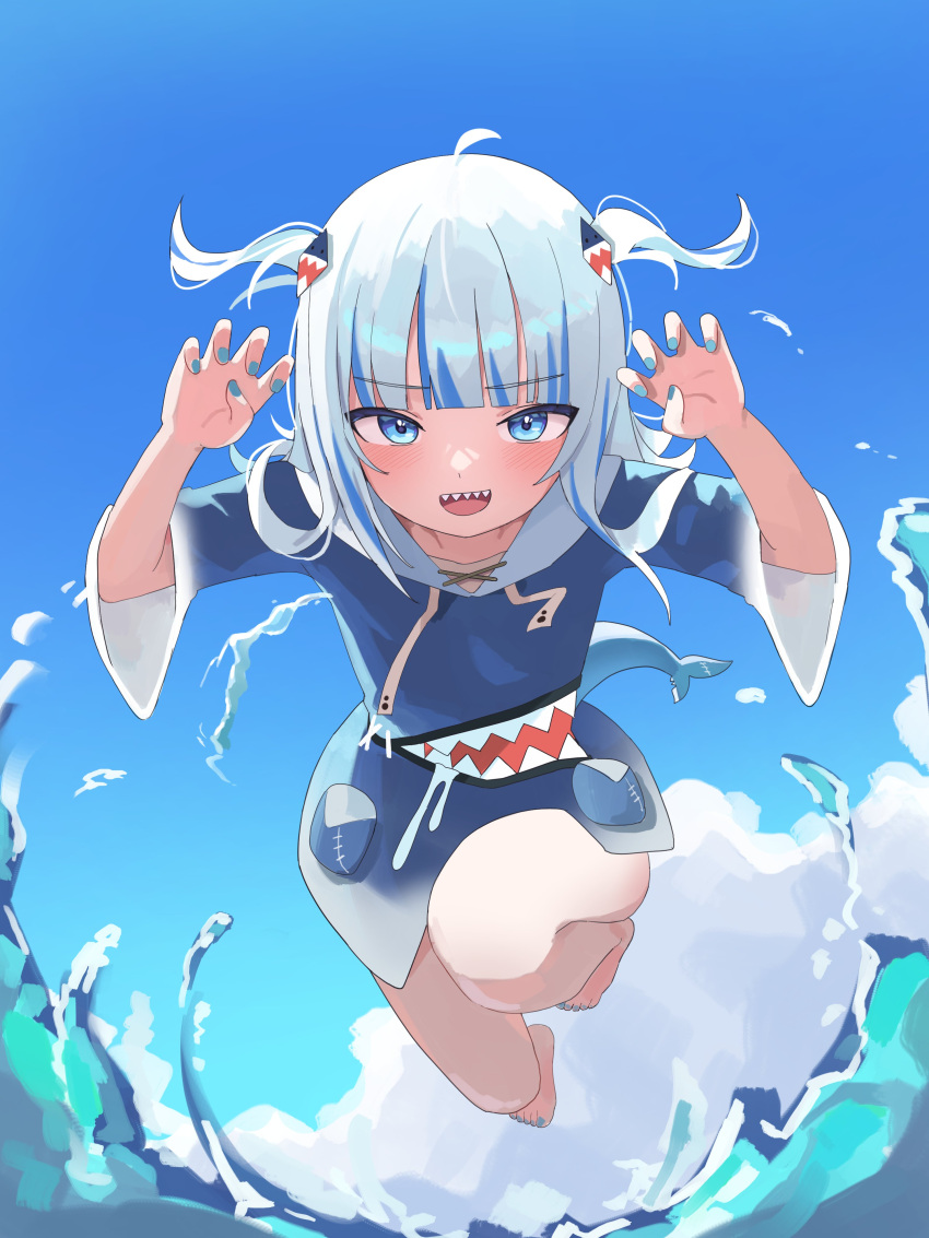 1girl absurdres ahoge animal_hood blue_eyes blue_hair blue_hoodie blue_nails blue_sky breasts claw_pose clouds fish_tail gawr_gura grunel_(grunel_7979) hair_ornament highres hololive hololive_english hood hoodie jumping looking_at_viewer medium_hair multicolored_hair nail_polish shark_girl shark_hair_ornament shark_hood shark_tail sharp_teeth short_twintails sky small_breasts streaked_hair tail teeth toenail_polish toenails twintails water white_hair
