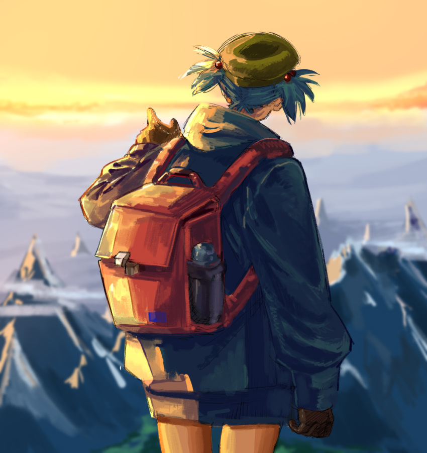1girl backpack bag blue_hair blue_jacket blurry blurry_background brown_gloves cliff commentary cowboy_shot from_behind gloves green_headwear hair_bobbles hair_ornament hiking hood hooded_jacket jacket kawashiro_nitori long_sleeves orange_sky pointing red_bag short_hair sky solo tougou_(goodbye_tender) touhou two_side_up