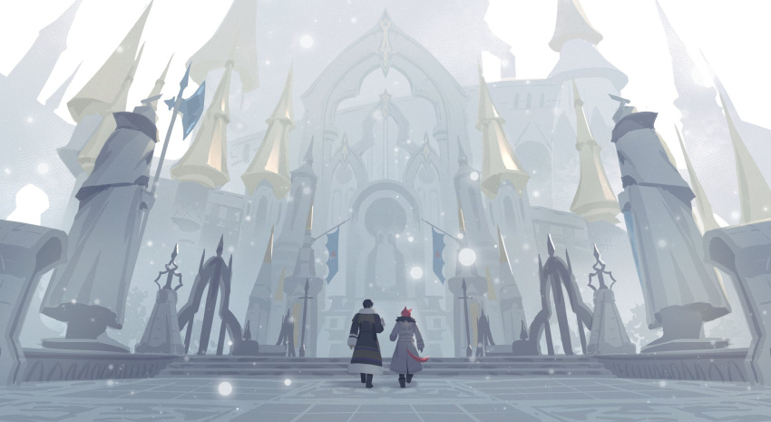 2boys adventurer_(ff14) alternate_costume animal_ears arch banner black_coat black_footwear black_pants boots brown_hair building castle cat_boy cat_ears cat_tail city cityscape coat commentary day facing_away final_fantasy final_fantasy_xiv flag from_behind fur-trimmed_coat fur_trim g'raha_tia gate gloves grey_coat grey_gloves halberd highres hyur in-universe_location long_sleeves male_focus miqo'te multiple_boys outdoors pants polearm redhead scenery short_hair sky snowing statue tail tower walking weapon wide_shot winter winter_clothes zhongffuse