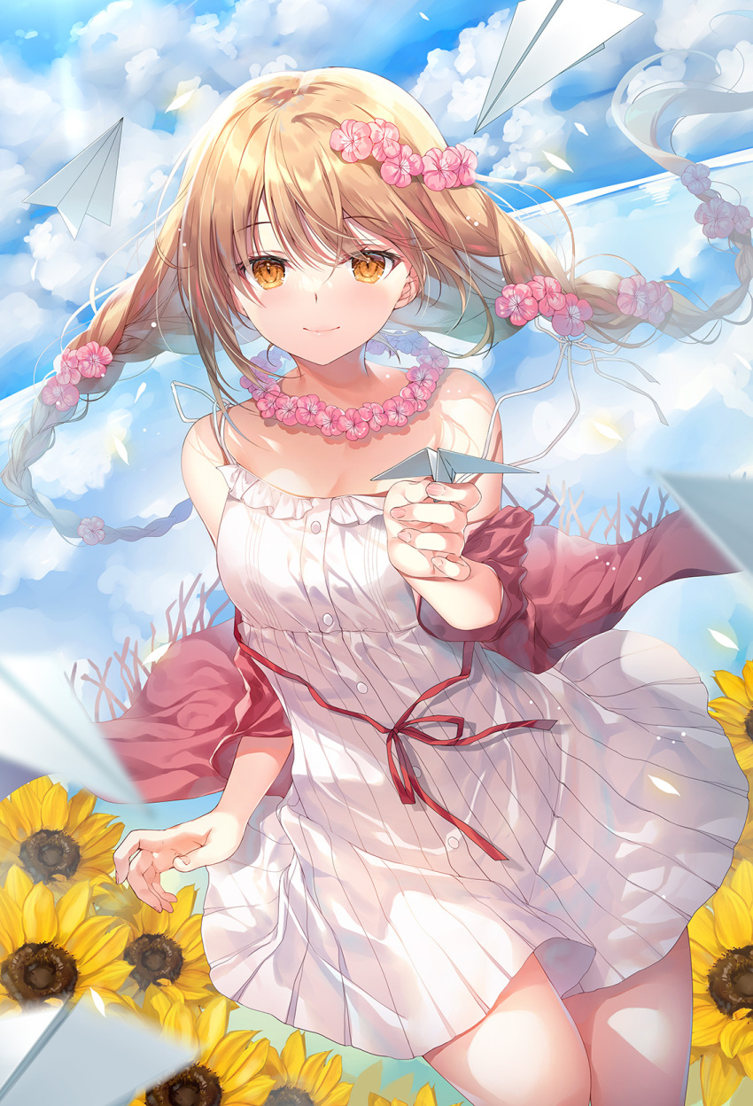 1girl bare_shoulders braid brown_hair character_request closed_mouth dress emori_miku_project floating_hair flower flower_necklace hair_flower hair_ornament highres holding jacket long_hair looking_at_viewer low_twintails miwabe_sakura off_shoulder open_clothes open_jacket orange_eyes paper_airplane red_jacket sleeveless sleeveless_dress smile solo spaghetti_strap sundress sunflower twin_braids twintails white_dress