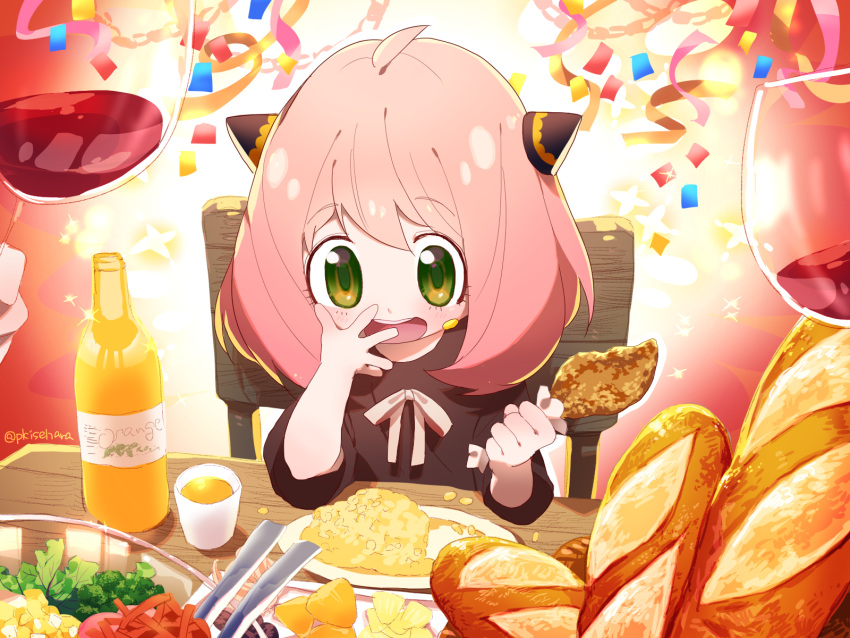 1girl alcohol anya_(spy_x_family) baguette bread chicken_(food) commentary_request cup drinking_glass eating egg_(food) food fried_chicken glass_bottle green_eyes highres omurice orange_juice out_of_frame pink_hair pjkuasu plate rice spy_x_family wine wine_glass
